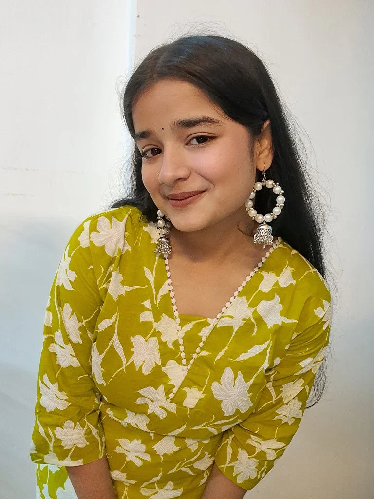 Barnora Apsara – Lime Green & White Floral Printed Cotton Kurta | Summer Daily Wear Kurti for Women