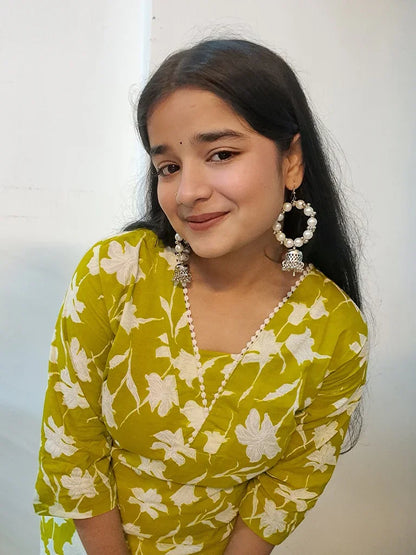 Barnora Apsara – Lime Green & White Floral Printed Cotton Kurta | Summer Daily Wear Kurti for Women