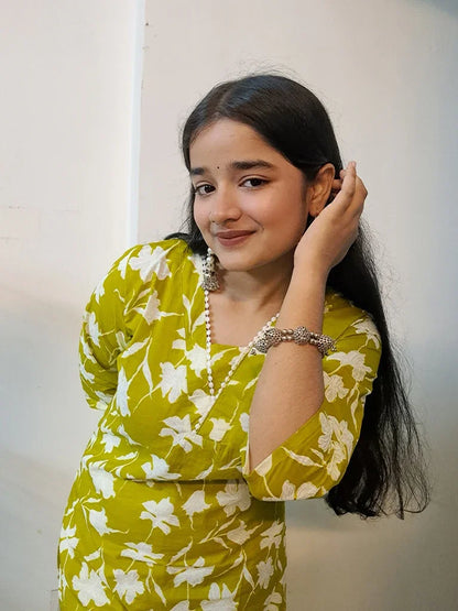 Barnora Apsara – Lime Green & White Floral Printed Cotton Kurta | Summer Daily Wear Kurti for Women