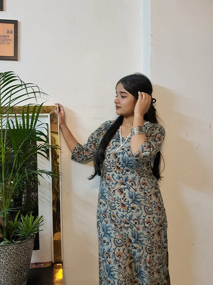 Barnora Aura – Beige & Multi-Color Printed Cotton Kurta | Elegant Daily Wear & Office Kurti for Women