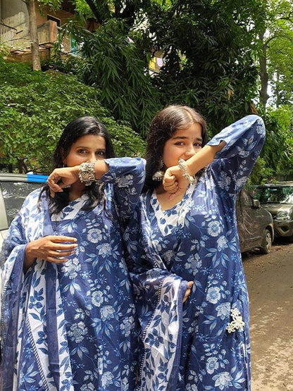 Barnora Sanskari – Blue & White Printed Cotton Kurta Set with Dupatta | Festive & Daily Wear Kurta for Women
