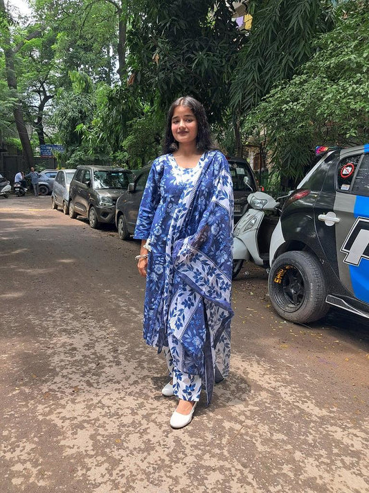 Barnora Sanskari – Blue & White Printed Cotton Kurta Set with Dupatta | Festive & Daily Wear Kurta for Women