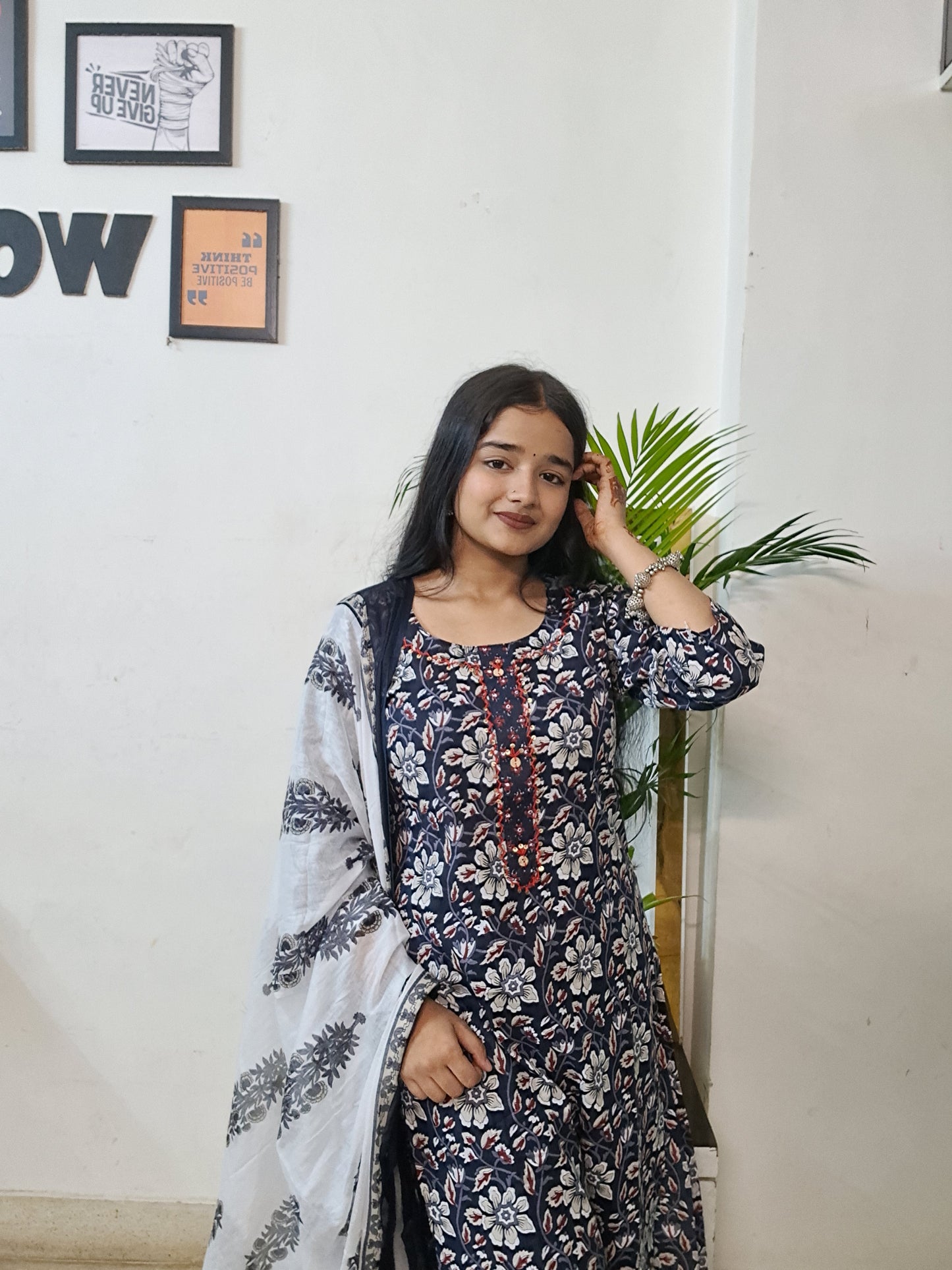 Barnora Sanskari Collection – Navy Blue Cotton Floral Kurta Set with Dupatta