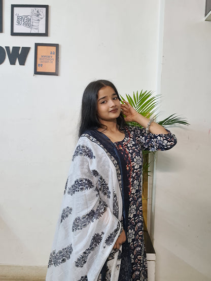 Barnora Sanskari Collection – Navy Blue Cotton Floral Kurta Set with Dupatta