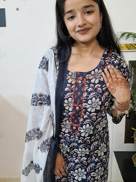 Barnora Sanskari Collection – Navy Blue Cotton Floral Kurta Set with Dupatta