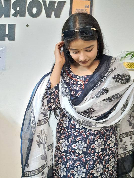 Barnora Sanskari Collection – Navy Blue Cotton Floral Kurta Set with Dupatta
