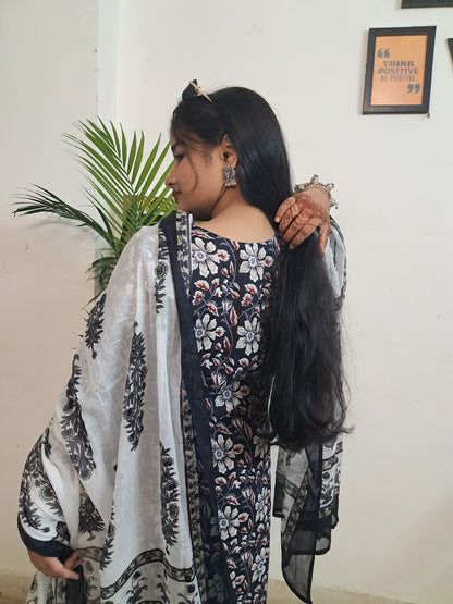 Barnora Sanskari Collection – Navy Blue Cotton Floral Kurta Set with Dupatta