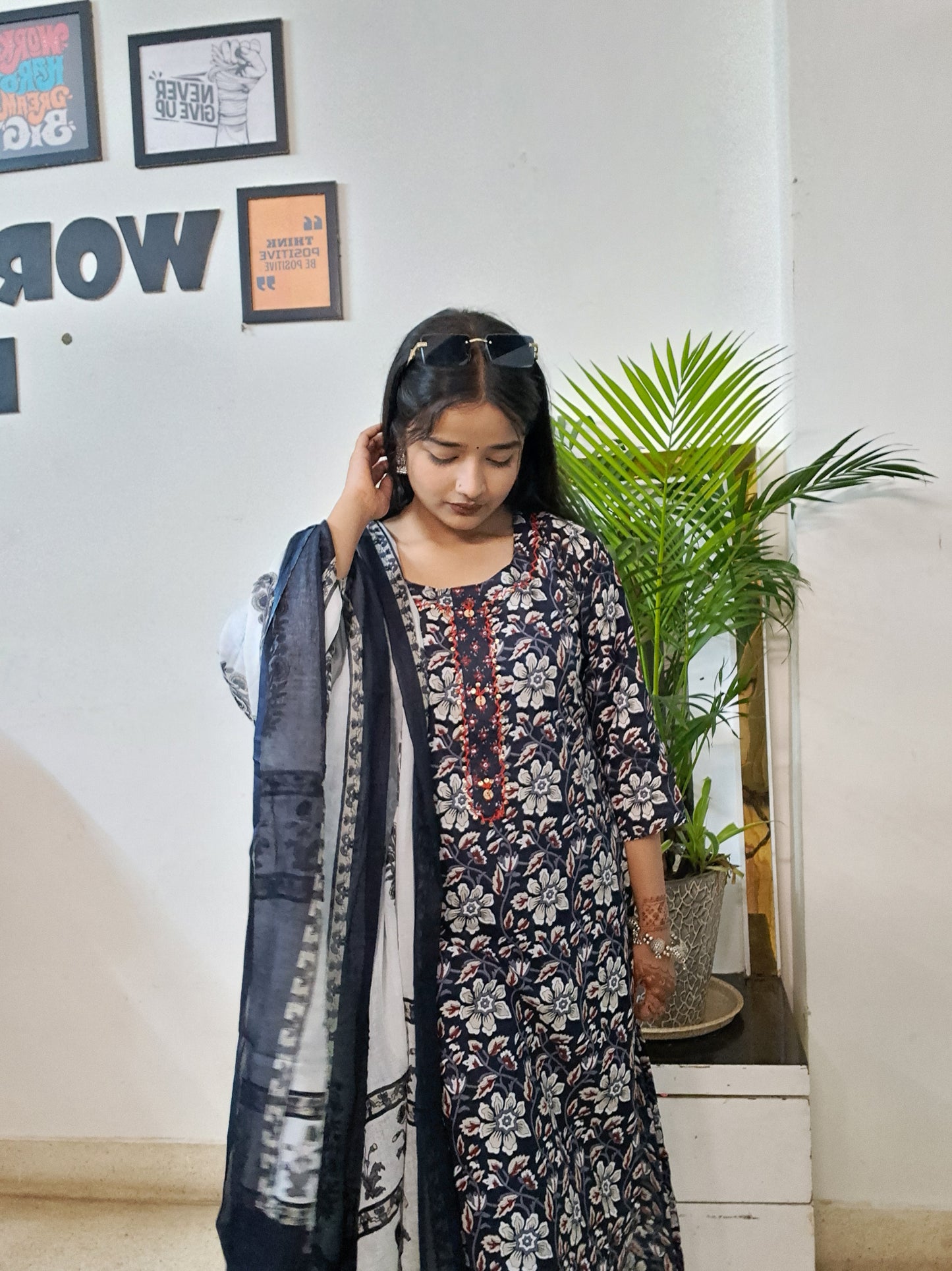 Barnora Sanskari Collection – Navy Blue Cotton Floral Kurta Set with Dupatta