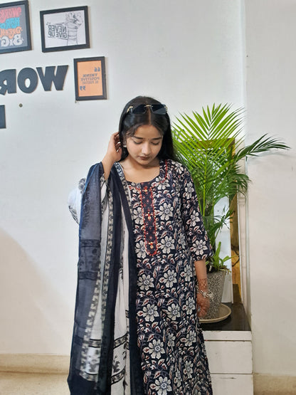 Barnora Sanskari Collection – Navy Blue Cotton Floral Kurta Set with Dupatta