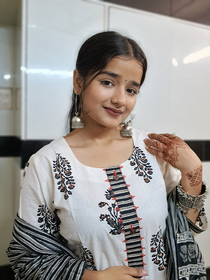 Barnora Sanskari Collection Black & White Cotton Kurta Set with Dupatta | Elegant Printed Ethnic Wear
