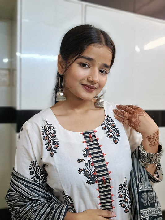 Barnora Sanskari Collection Black & White Cotton Kurta Set with Dupatta | Elegant Printed Ethnic Wear