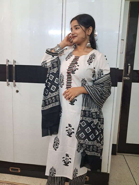 Barnora Sanskari Collection Black & White Cotton Kurta Set with Dupatta | Elegant Printed Ethnic Wear
