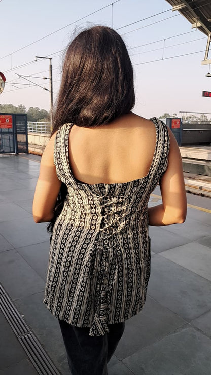 Barnora Tina Collection Sleeveless Short Kurta with Lace-up Back – Back View