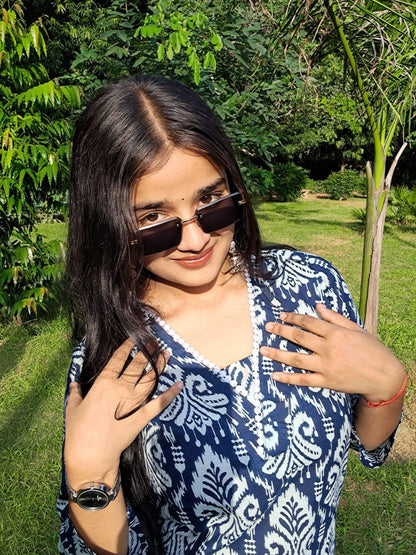 Barnora Aura – Navy Blue & White Printed Cotton Kurta | Daily Wear & Office Wear Kurti for Women