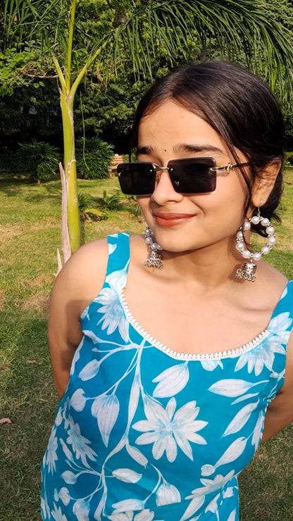 Barnora Tina – Sky Blue Sleeveless Floral Printed Cotton Short Kurta | Summer Casual Kurti for Women
