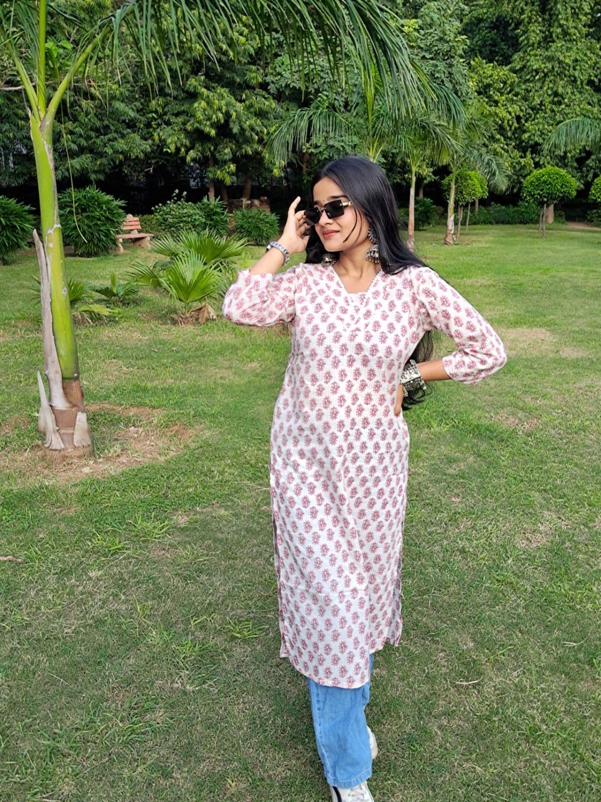 Barnora Aura – White & Red Printed Cotton Straight Kurta | Block Print Daily Wear Kurti for Women