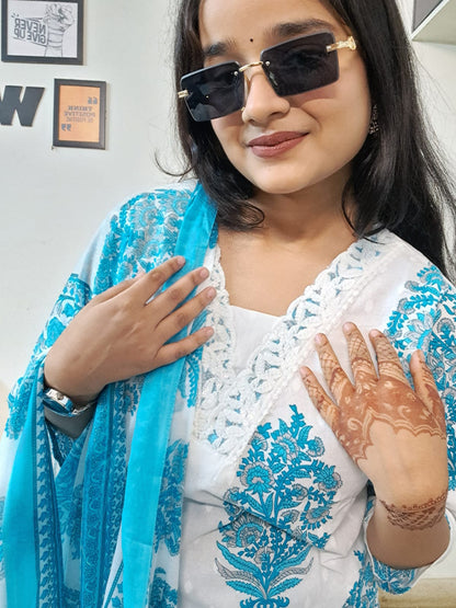Barnora Sanskari – Sky Blue & White Printed Cotton Kurta Set with Dupatta | Festive & Daily Wear Kurta Set for Women