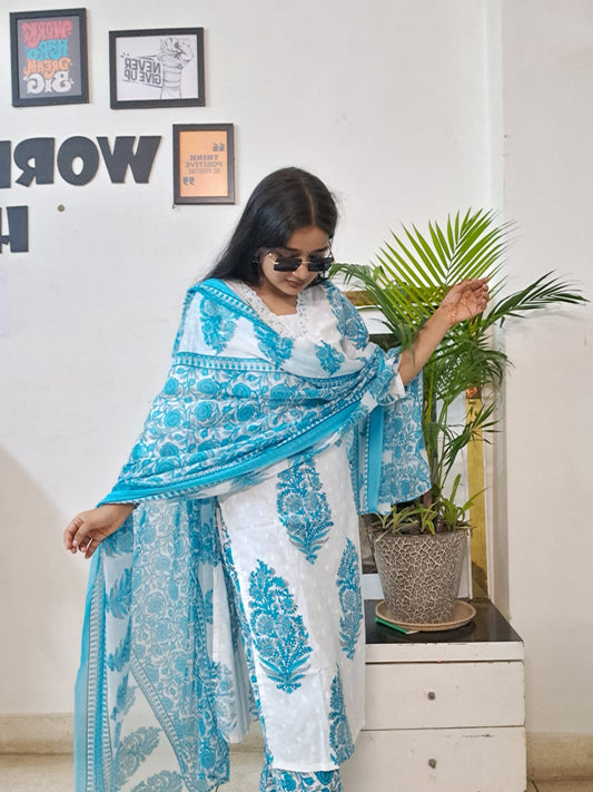 Barnora Sanskari – Sky Blue & White Printed Cotton Kurta Set with Dupatta | Festive & Daily Wear Kurta Set for Women