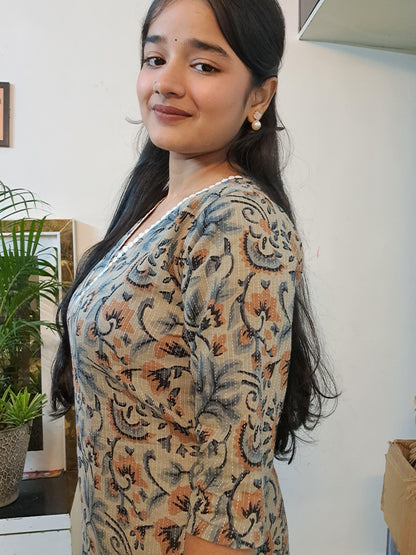 Barnora Aura – Beige & Multi-Color Printed Cotton Kurta | Elegant Daily Wear & Office Kurti for Women