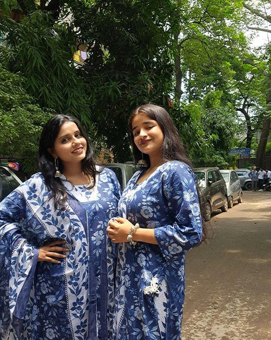 Barnora Sanskari – Blue & White Printed Cotton Kurta Set with Dupatta | Festive & Daily Wear Kurta for Women