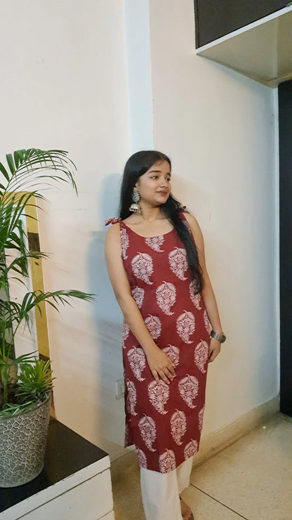 Barnora  Apsara – Maroon Sleeveless Printed Cotton Kurta | Casual Summer Kurti for Women