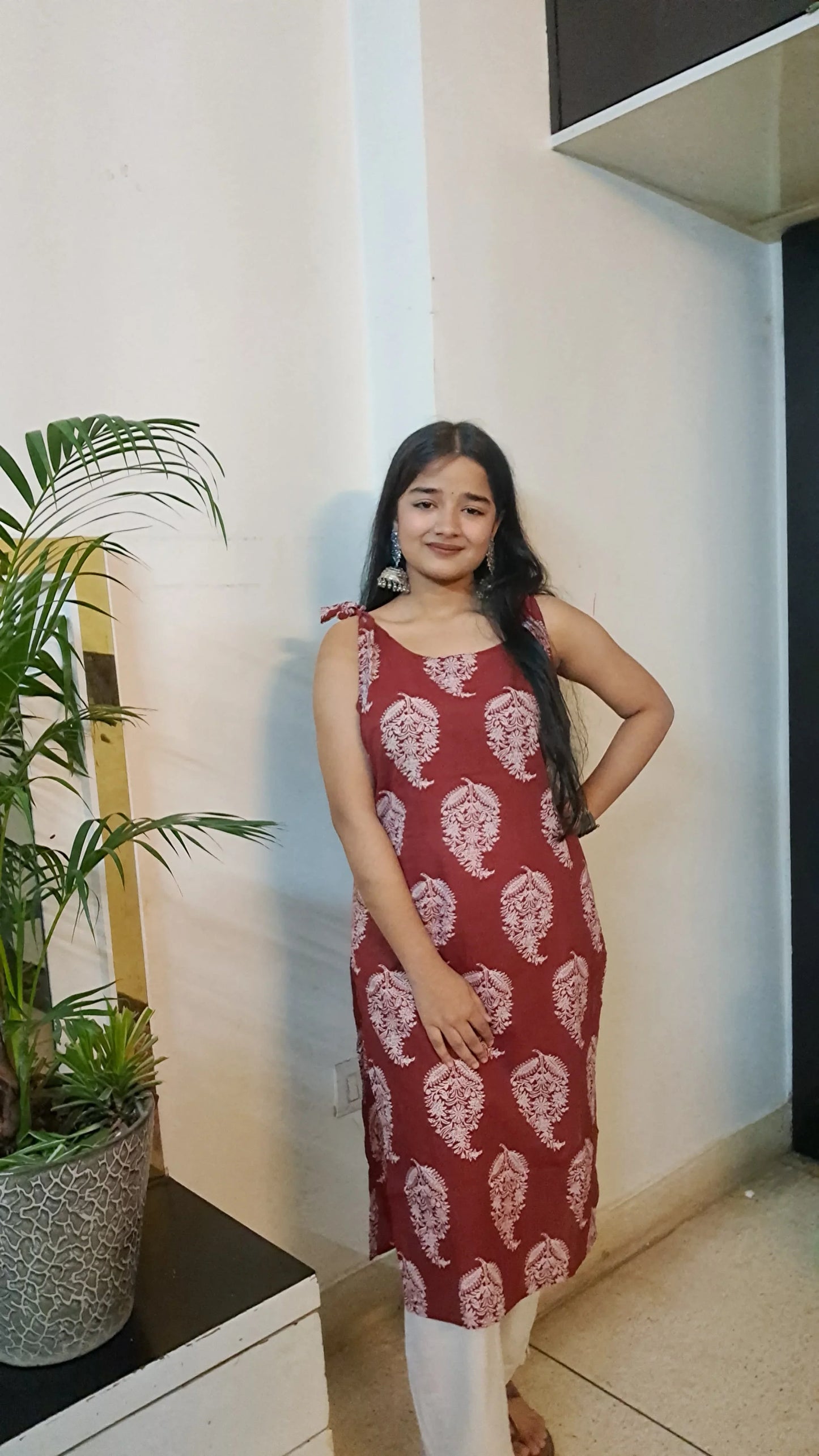 Barnora  Apsara – Maroon Sleeveless Printed Cotton Kurta | Casual Summer Kurti for Women