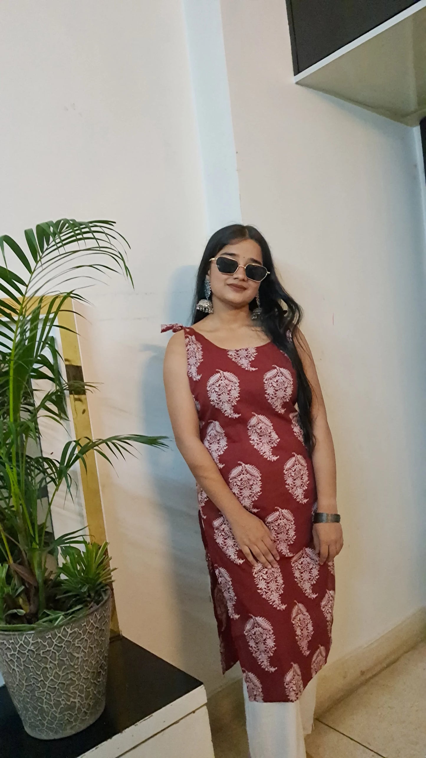 Barnora  Apsara – Maroon Sleeveless Printed Cotton Kurta | Casual Summer Kurti for Women