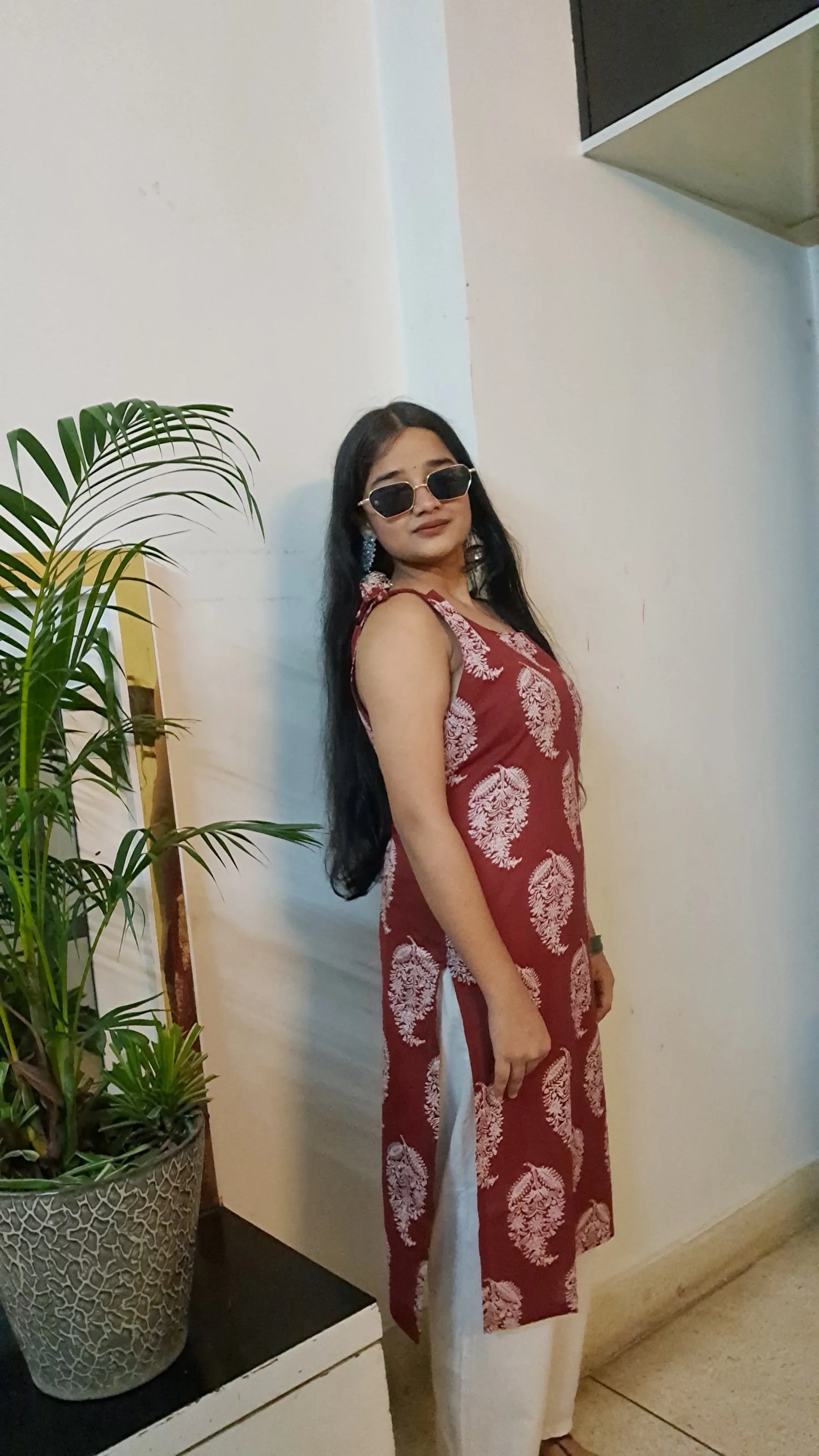 Barnora  Apsara – Maroon Sleeveless Printed Cotton Kurta | Casual Summer Kurti for Women