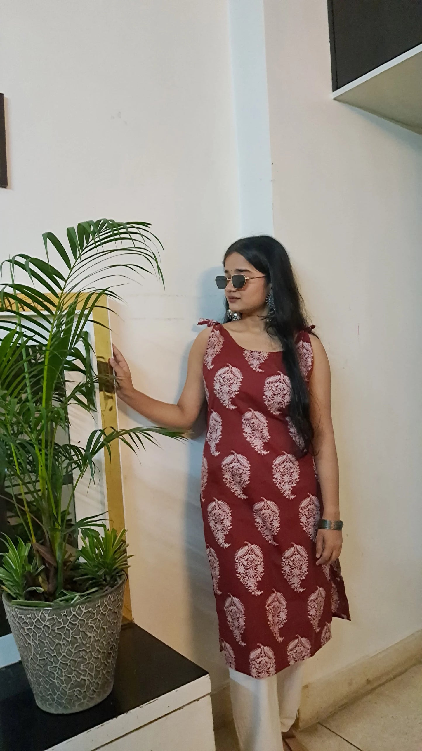 Barnora  Apsara – Maroon Sleeveless Printed Cotton Kurta | Casual Summer Kurti for Women