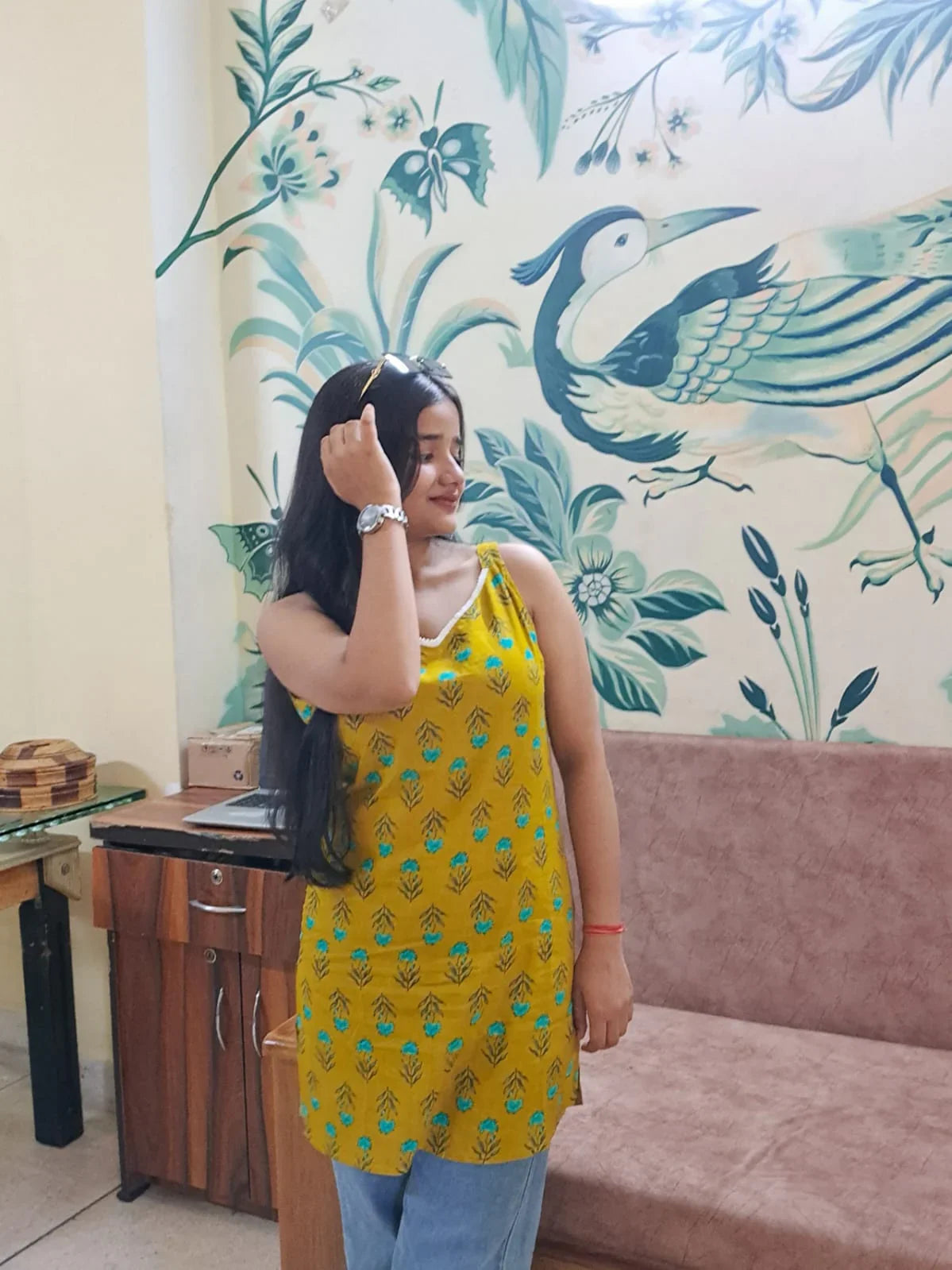 Barnora Tina Collection Mustard Yellow Sleeveless Cotton Short Kurta for Women with Blue Floral Prints – Trendy Ethnic & Casual Wear
