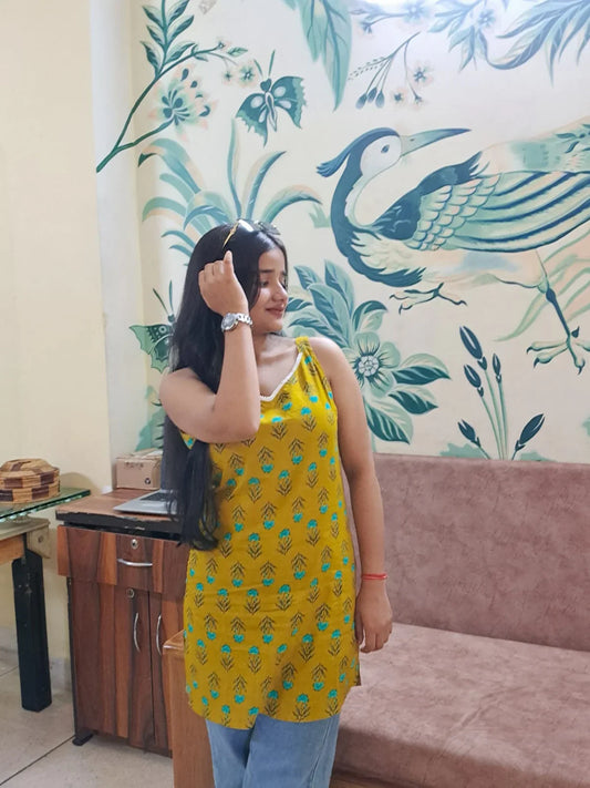 Barnora Tina Collection Mustard Yellow Sleeveless Cotton Short Kurta for Women with Blue Floral Prints – Trendy Ethnic & Casual Wear