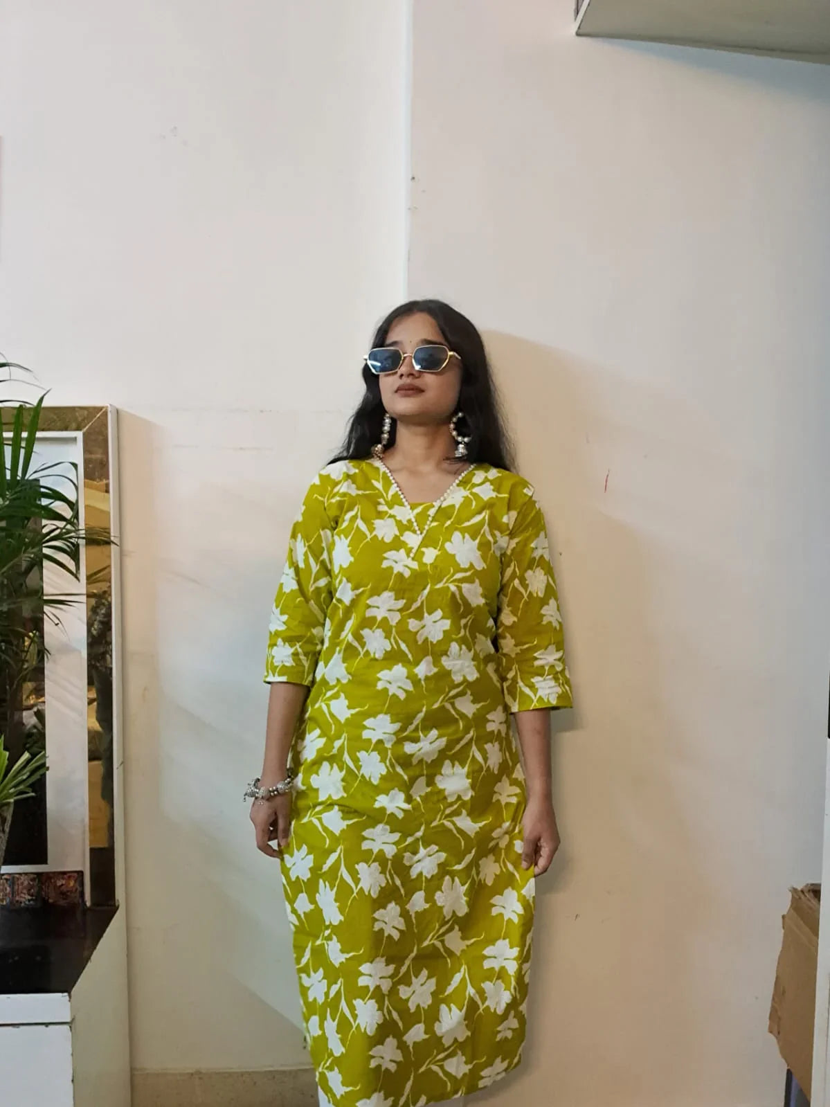 Barnora Apsara – Lime Green & White Floral Printed Cotton Kurta | Summer Daily Wear Kurti for Women