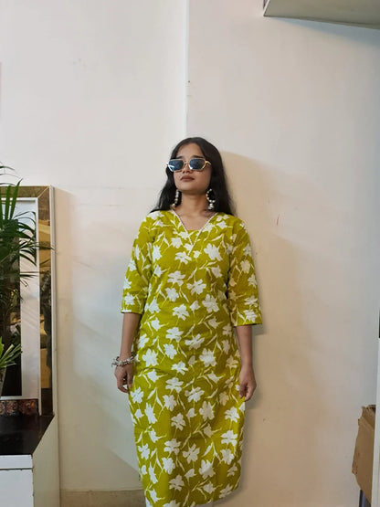 Barnora Apsara – Lime Green & White Floral Printed Cotton Kurta | Summer Daily Wear Kurti for Women