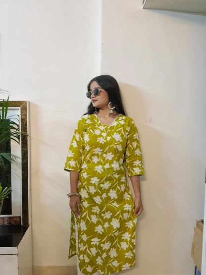 Barnora Apsara – Lime Green & White Floral Printed Cotton Kurta | Summer Daily Wear Kurti for Women