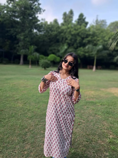 Barnora Aura – White & Red Printed Cotton Straight Kurta | Block Print Daily Wear Kurti for Women