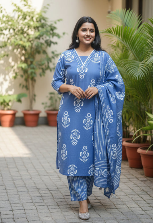 Woman wearing Barnora Sanskari Collection Indigo Blue cotton kurta set with white floral prints, matching striped pants and dupatta – ethnic festive wear.